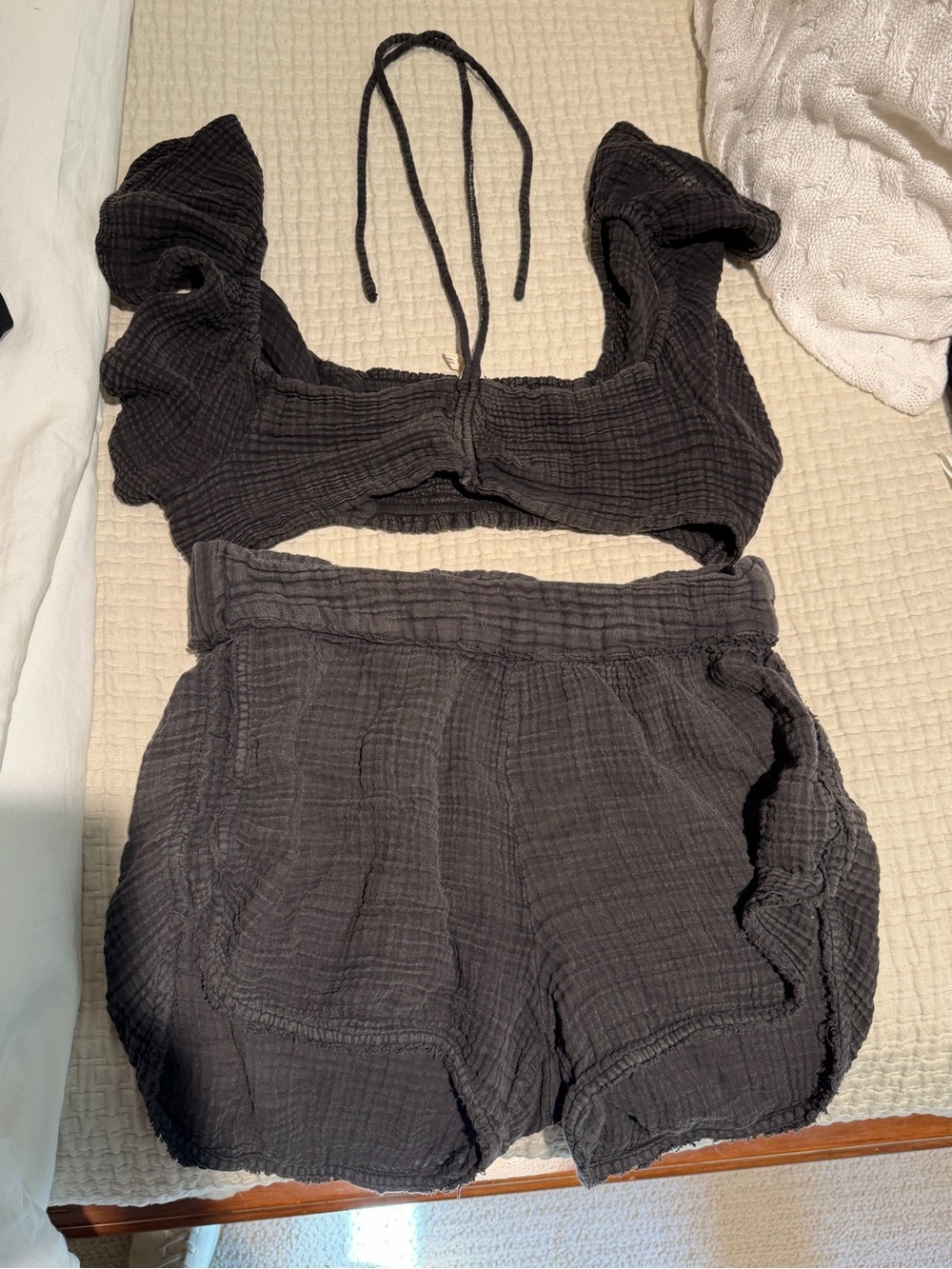 Women's Black Crinkle Halter Crop Top & Shorts Set